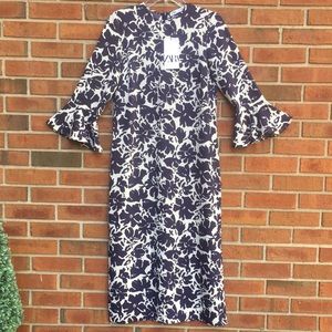New! Zara Blue Floral 3/4 Ruffle Sleeve Side Slits Maxi Shift Dress size XS